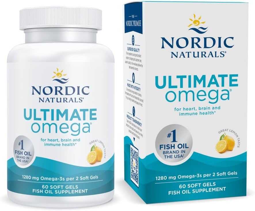 Nordic Naturals Ultimate Omega 3 Fish Oil Softgels | 1280 Mg Omega 3 Fatty Acids | High-Potency Fish Oil Omega 3 Supplement For Men And Women With EPA & DHA | Fish Oil Lemon Flavour 60 Softgels