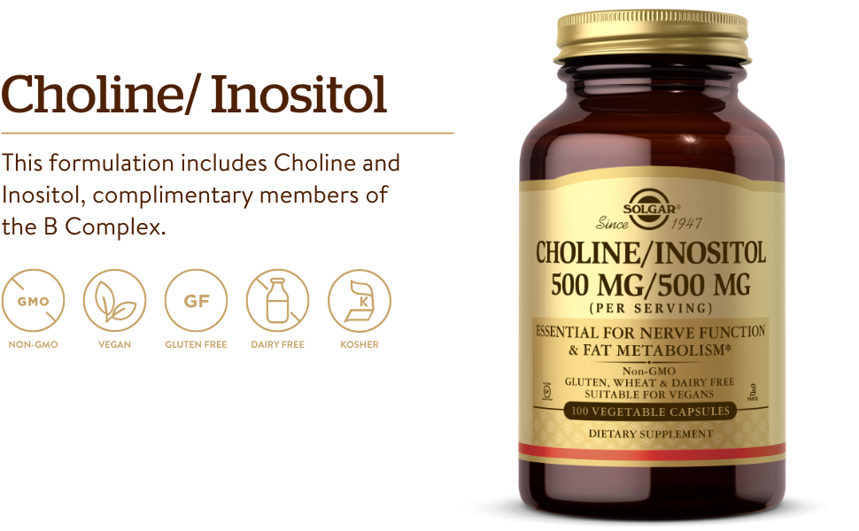 Solgar Choline/Inositol 500 mg/500 mg, 100 Vegetable Capsules- 50 Servings