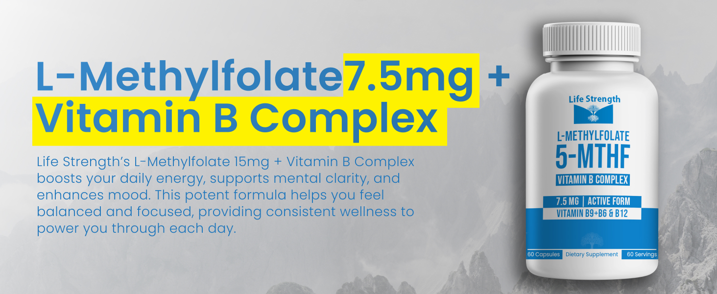 L-Methylfolate 7.5mg + Vitamin B Complex - 5-MTHF, B6 & B12 Methylcobalamin - 60 Capsules - Professional Strength Active Methyl Folate - Non GMO, Gluten Free, No Fillers (2-Month Supply)