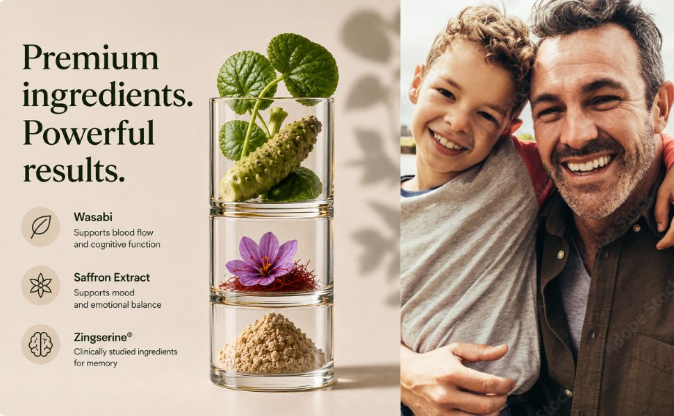 Memory, Mood & Cognition Supplement for Adults - Brain Health Formula with Organic Wasabi Extract, Saffron, Citicoline & Phosphatidylserine - 120 Capsules
