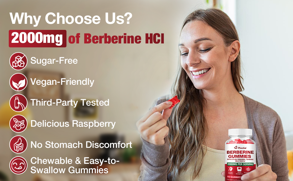 Berberine Gummies 2000mg - Natural Organic Berberine HCL Supplement - Vegan, Non-GMO, Gluten-Free - Delicious Raspberry Flavor - 120 Count