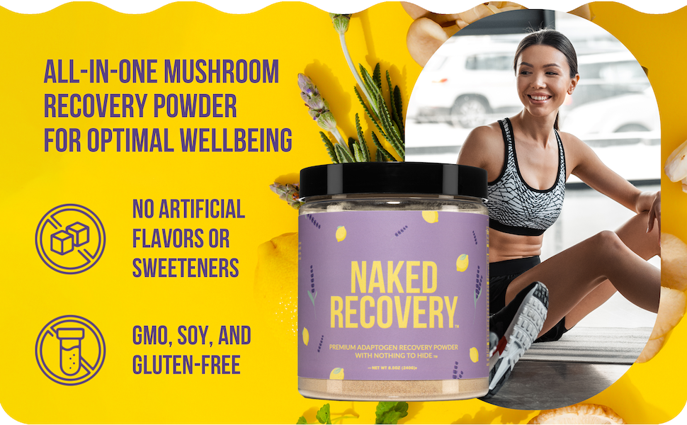 NAKED Recovery - Mushroom Supplement Powder - Lions Mane, Cordyceps, Reishi, Tart Cherries, Lemon Balm - Adaptogen Wellness Formula, Stress Relief, Muscle Recovery - 30 Servings
