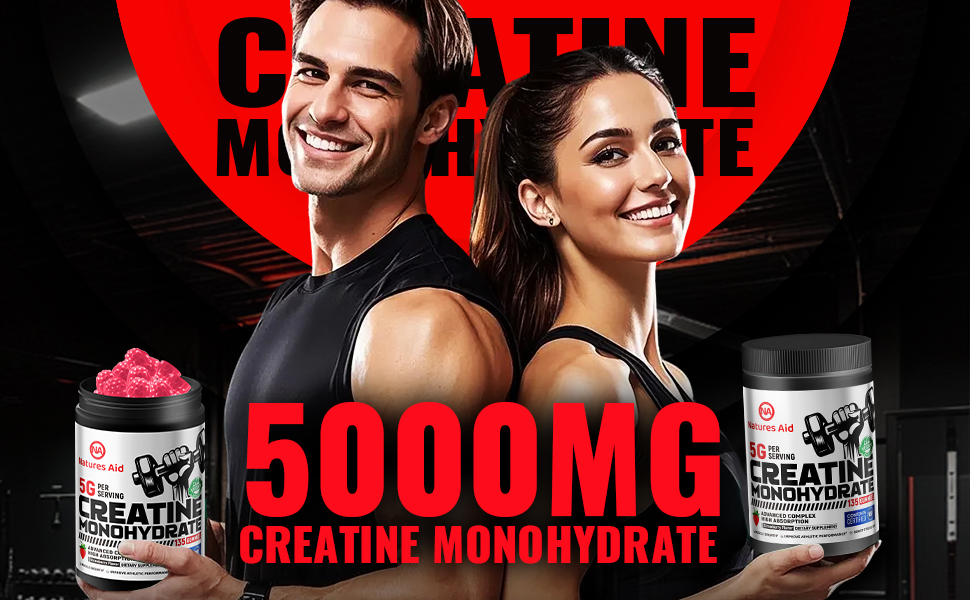 Natures Aid NSF Certified Creatine Gummy 5g - Creatine Monohydrate Gummies – Pre-Workout Energy & Muscle Growth Support for Men & Women | Strawberry Electrolyte Gummies (135 Count)