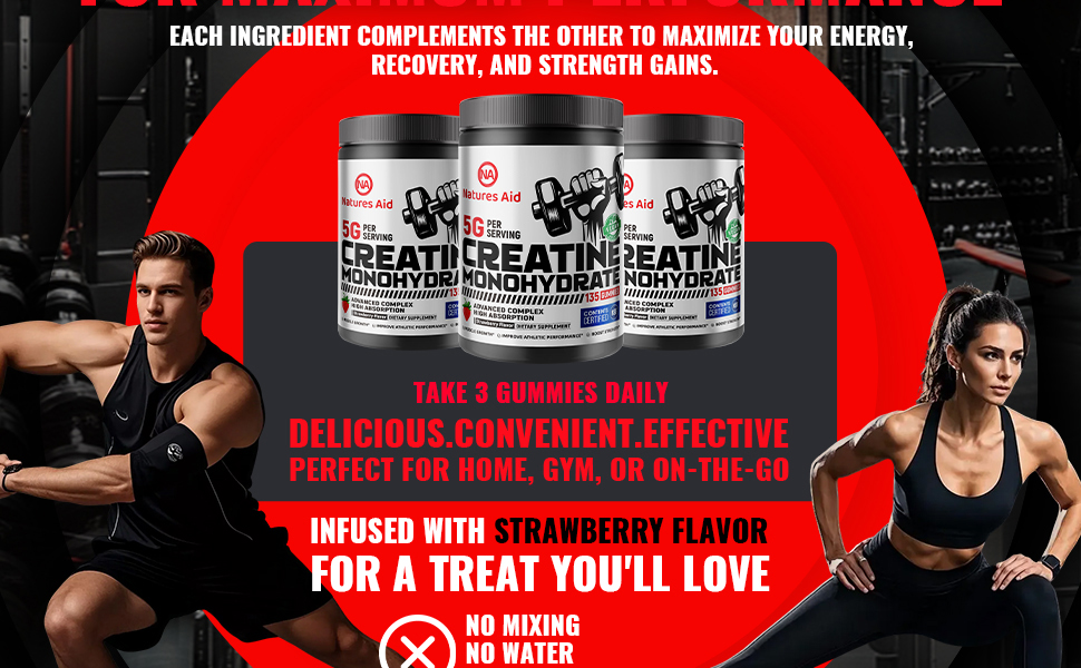 Natures Aid NSF Certified Creatine Gummy 5g - Creatine Monohydrate Gummies – Pre-Workout Energy & Muscle Growth Support for Men & Women | Strawberry Electrolyte Gummies (135 Count)
