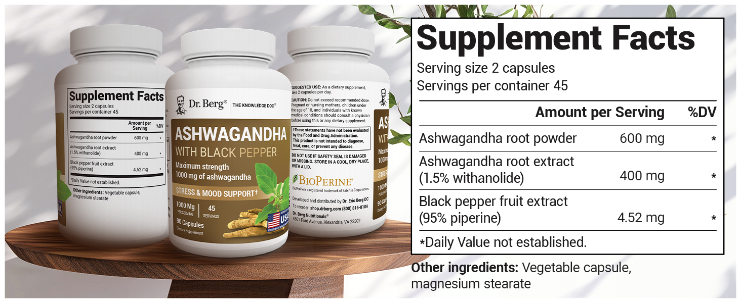 Dr. Berg Ashwagandha Capsules 1000mg - Includes Ashwagandha Root with Black Pepper from Bioperine - Ashwagandha Supplements 90 Capsules