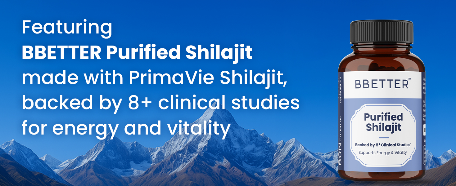 BBETTER Purified Shilajit with PrimaVie® | Clinically Studied Shilajit Extract | Supports Energy, Stamina, Strength & Healthy Testosterone Levels | Lab Tested | 60 Capsules