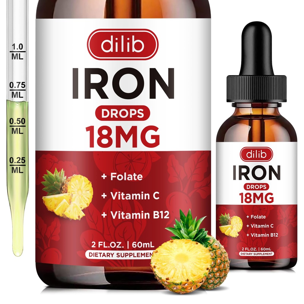 Supliment de fier lichid pentru femei si barbati picaturi de fier Suplimente de fier pentru anemie cu Folat, vitamina C, B12 pentru suport de celule rosii-Pineapple Flavor, 2 Fl Oz
