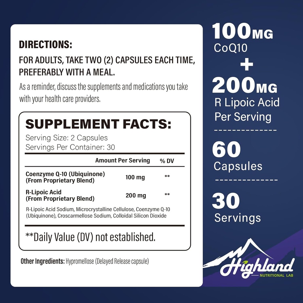 CoQ10 100mg + acid R-Lipoic 200mg per Serving, 1 lună de aprovizionare, până la 5X Ameliorare absorbţie, acid R-Lipoic/CoQ10 Supliment pentru Heart Health and Cognitive Health-60 Capsule