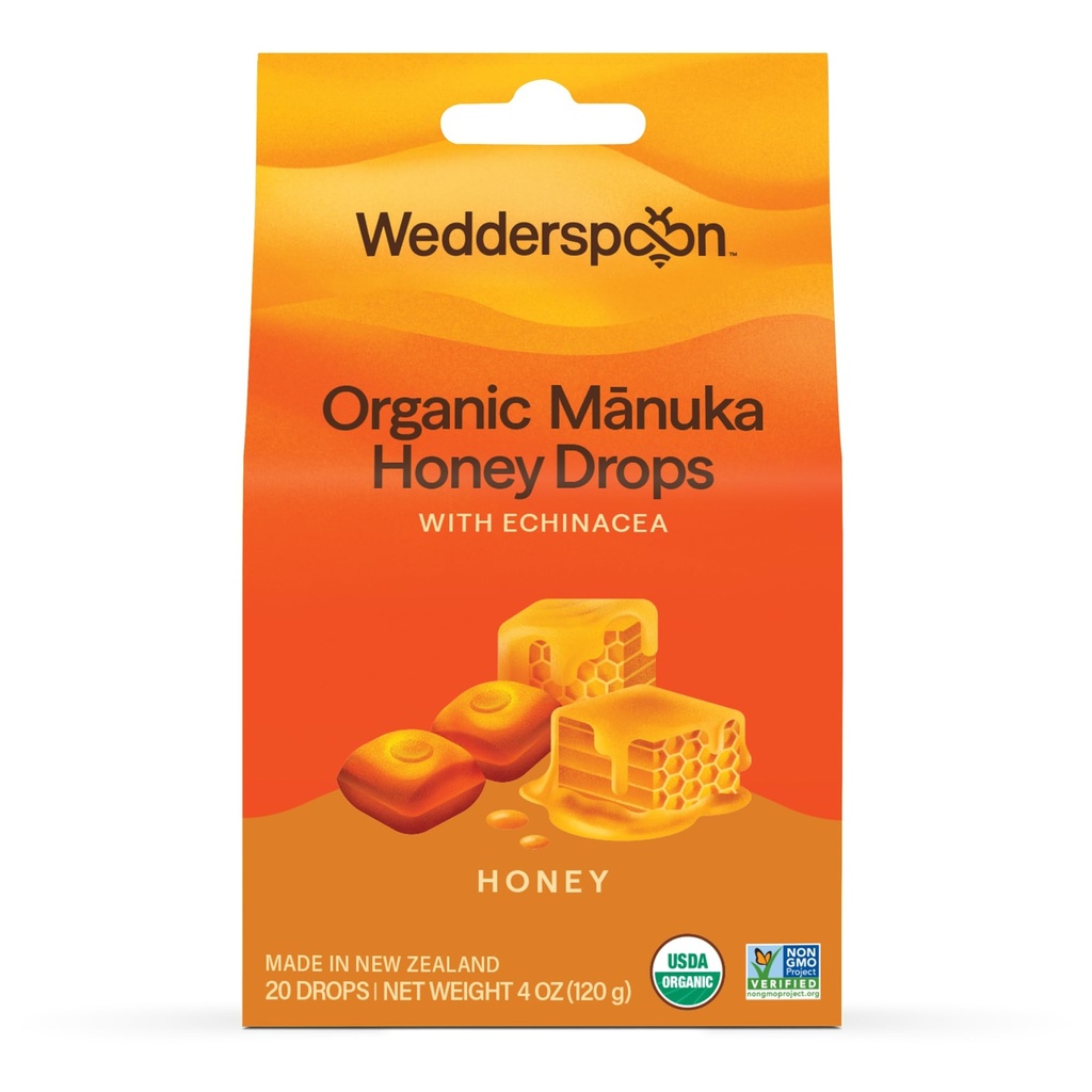 Wedderspoon Organic Manuka Honey Drops, Honey & Echinaceae, 20 Count (Pack of 1) 