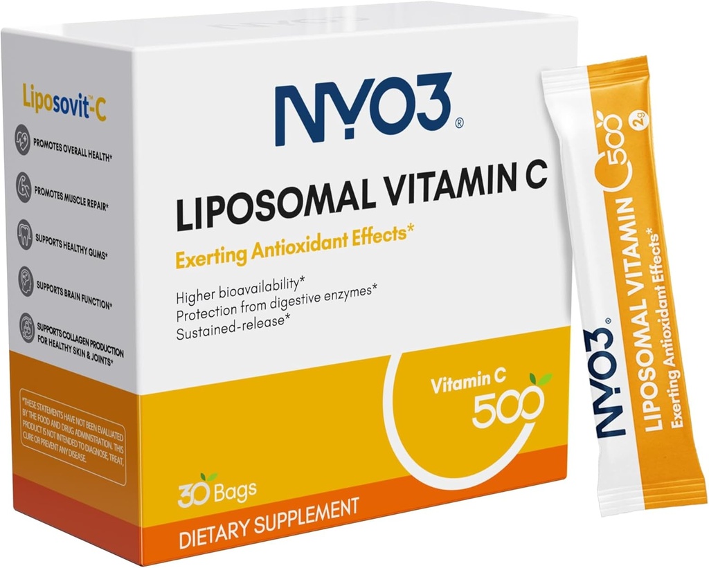 NYO3 Liposomal Vitamina C pulbere, suporta sistemul imunitar & Colagen Booster, puternic antioxidant, Imbunatatirea sanatatii pielii, gluten-free, mare absorbtie vitamina C, 500mg, 30 Conte