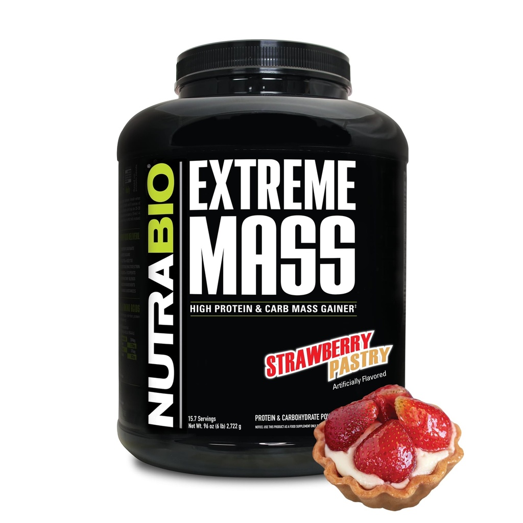 NutraBio Extreme Mass Gainer Proteina pulbere, 53G Proteina, Clean Greutate Gainer, Creșterea masei musculare, Spectrum complet Amino Acid - Strawberry Paste, 6 Lire