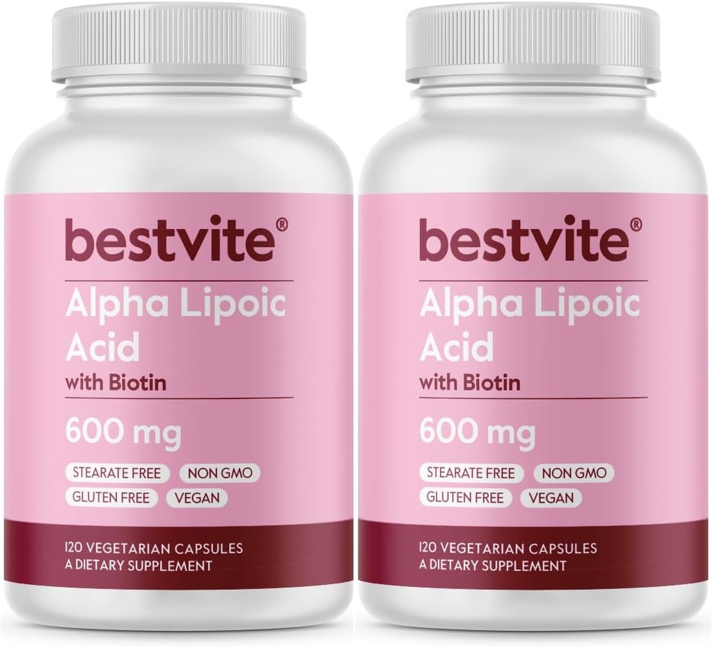 Acidul alfa lipoic 600 mg (per capsulă) cu Biotin pentru a spori absorbţia (240 capsule vegetariene) (2 x 120) No Fillers - No Stearates - No Flow Agents