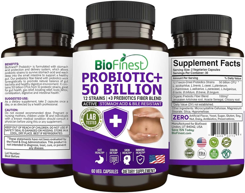 BioFinest Probiotic 50 Miliarde Suplimentul enzimatic CFU - 12 Probiotice Tulpini cu 3 Prebiotice Naturale - Digestion Detox Dezintoxicare Constipație - Acidophilus pentru bărbați Femei (60 Veg. capace)