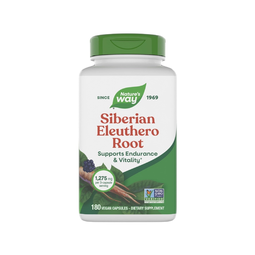 Natura's Way Premium Herbal Siberian Eleuthero Root Supplement, Supports Endurance & Vitality*, Adaptogen*, 1,275mg per 3-Capsule Serving, Non-GMO Project Verified, 180 Capsule (Packaging May Vary)