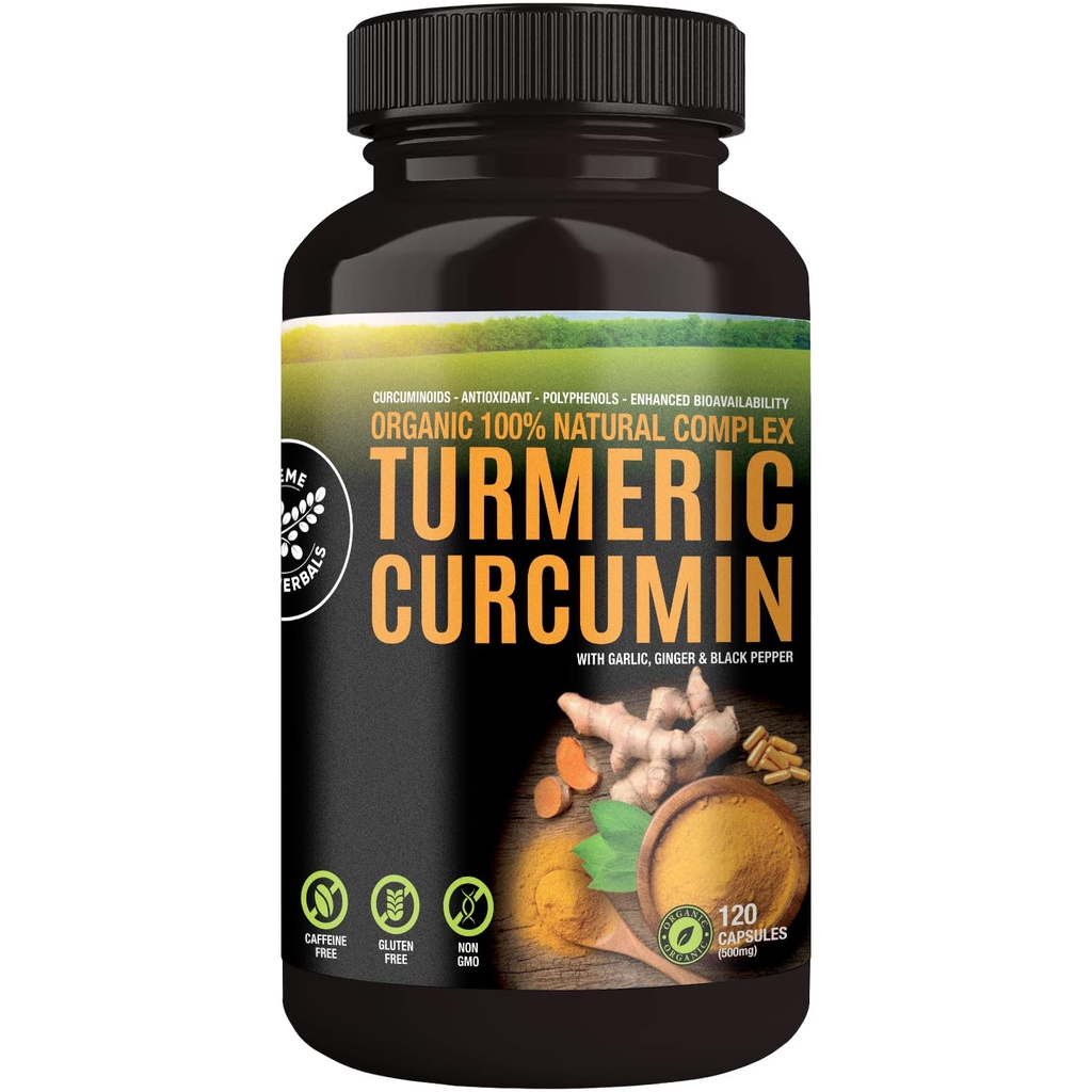 100% capsule cu curcumina bruta si organica. Certified Organic, Gluten-Free, Non-GMO, și Cafeina-Free. Îmbunătățit cu usturoi, Ginger și Pepper negru, 500mg, 120 capsule Vegan