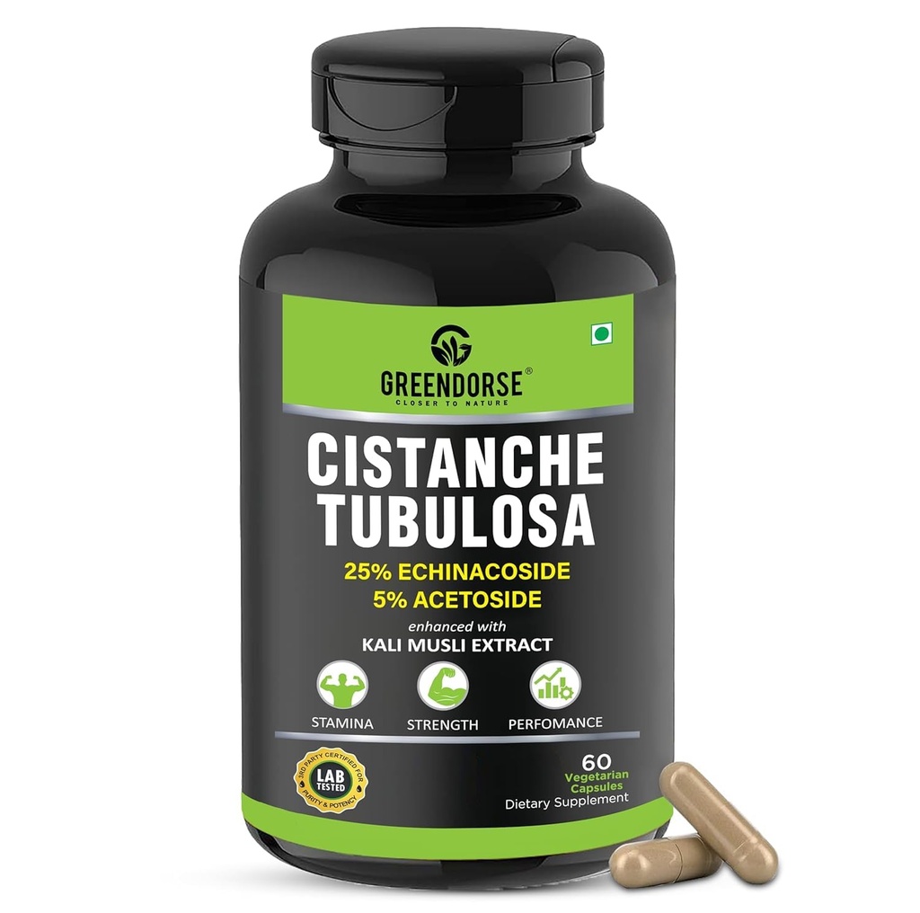 Cistanche Organic Tubulosa standardizate la 25% Echinascoside, 5% Acetozid cu Kali Musli Extract 1000mg 3rd Party testat pentru putere, performanta, Vitality- 60 Veg capsule