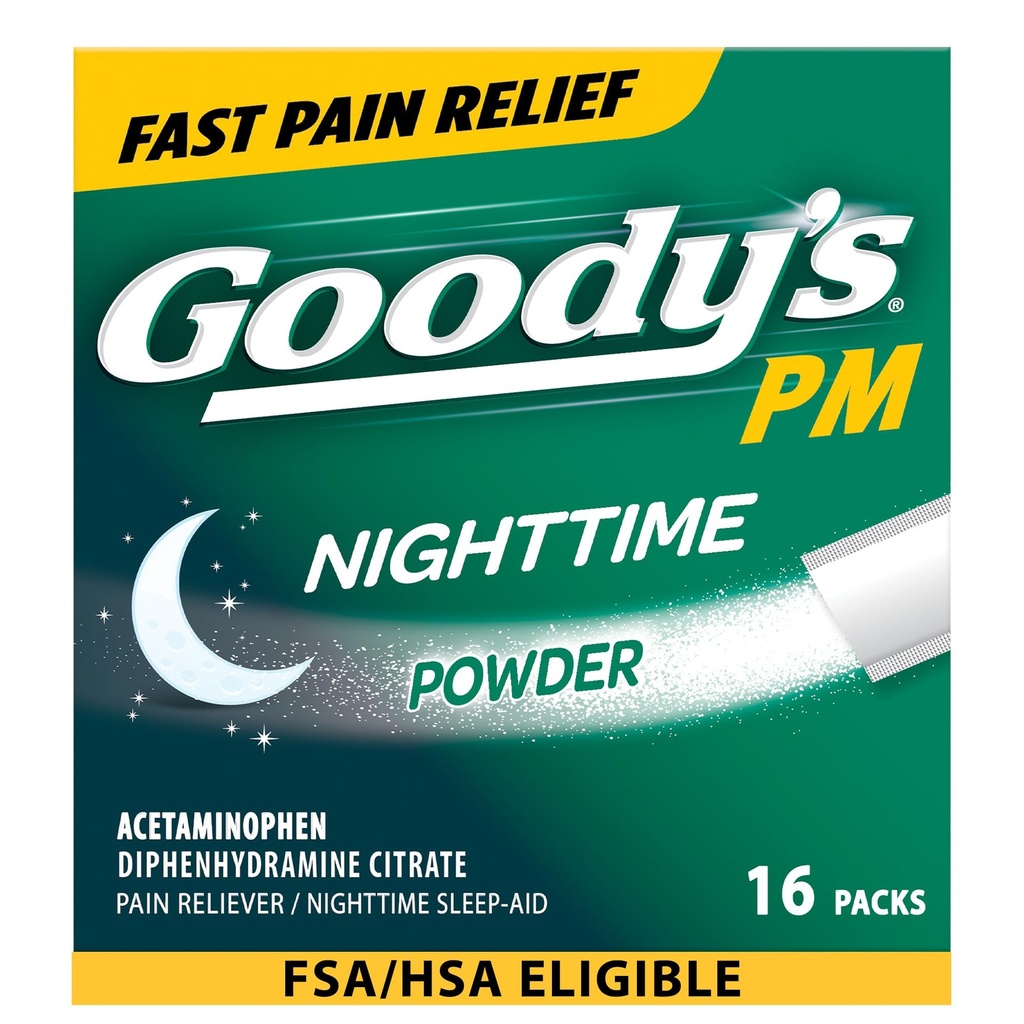 Goody's Nighttime Powder, Pain Relieiver & Sleep Aid with Acetaminophen & Difenhidramine Citrate, Caffeine Free, 16 Count