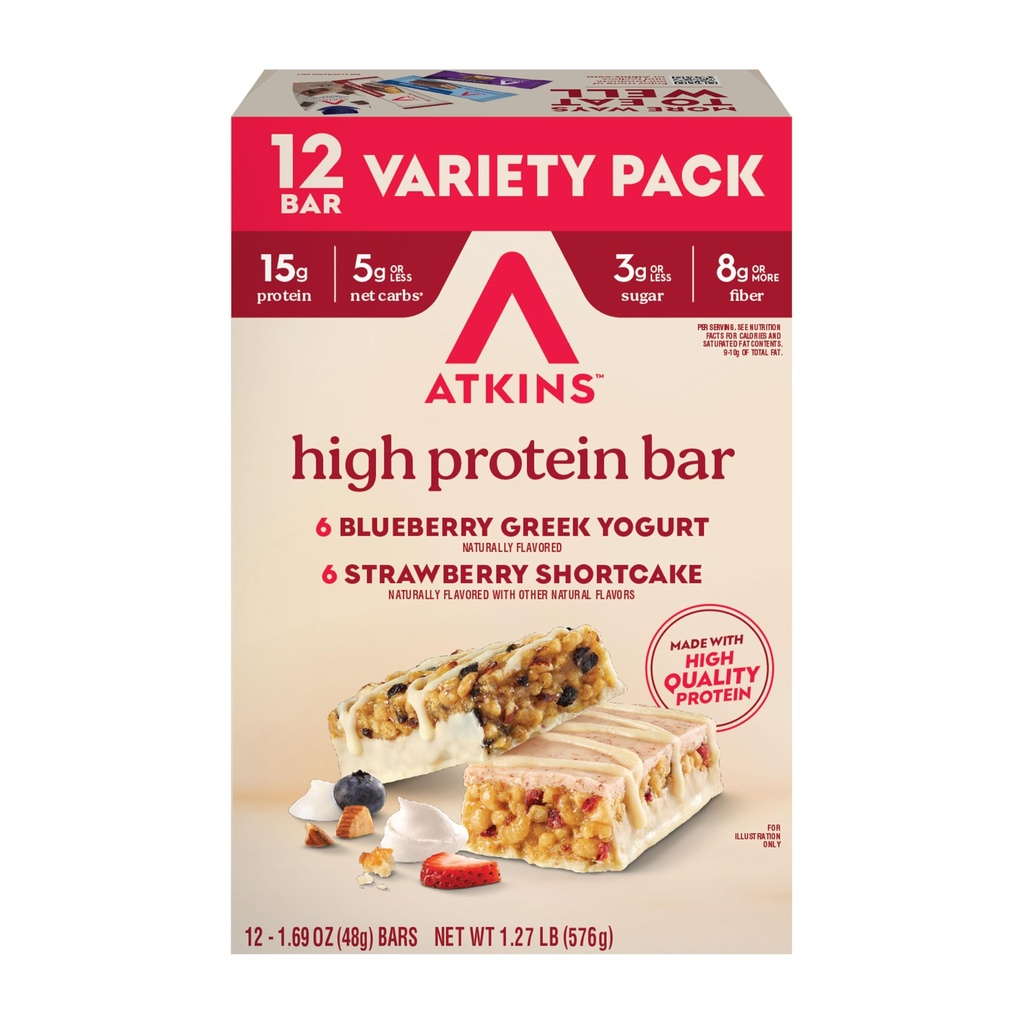 Atkins Blueberry Greek Yogurt & Strawberry Shortcake High Proteine Bar, High Fiber, Keto Friendly, 12 Conte (6 Baruri Fiecare aroma)