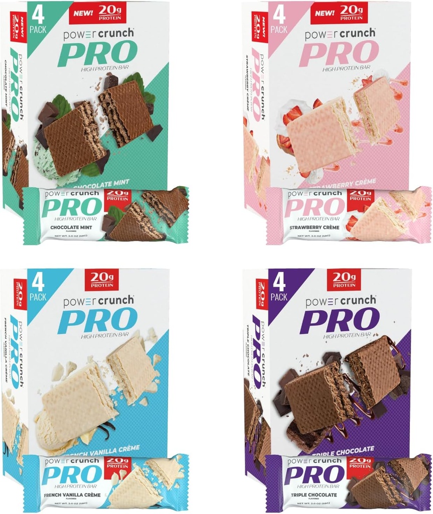 Power Crunch PRO Proteine Wafer Baruri, Variety Pack, în 4 arome 2.0 Ounce Baruri (16 Conte). Proteine mari