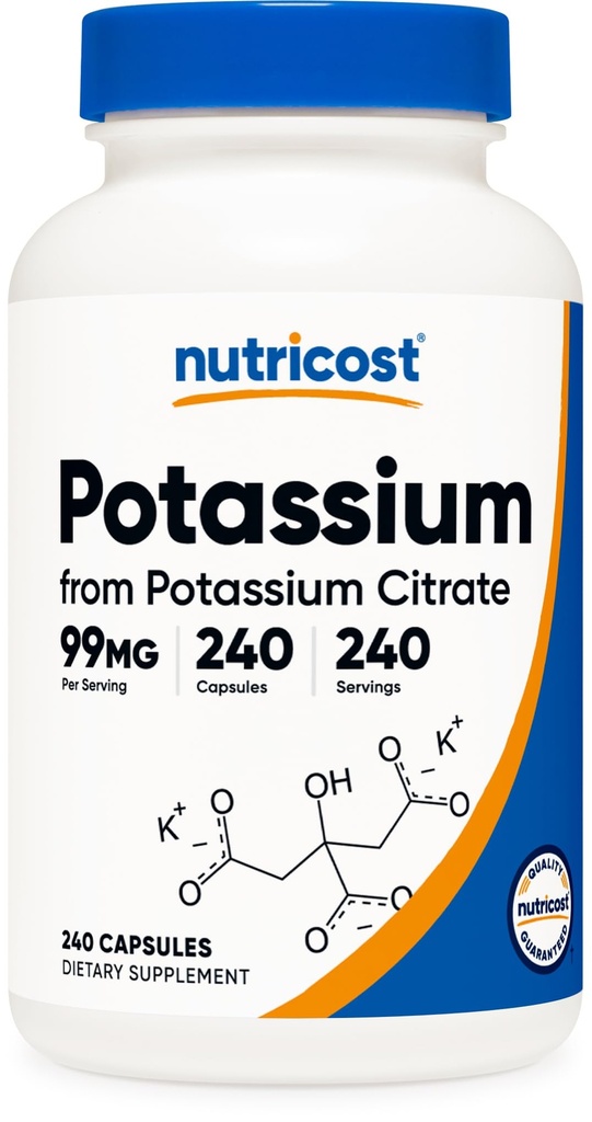 Nutricost Citrat de potasiu 99mg, 240 capsule - Gluten gratuit, non-GMO