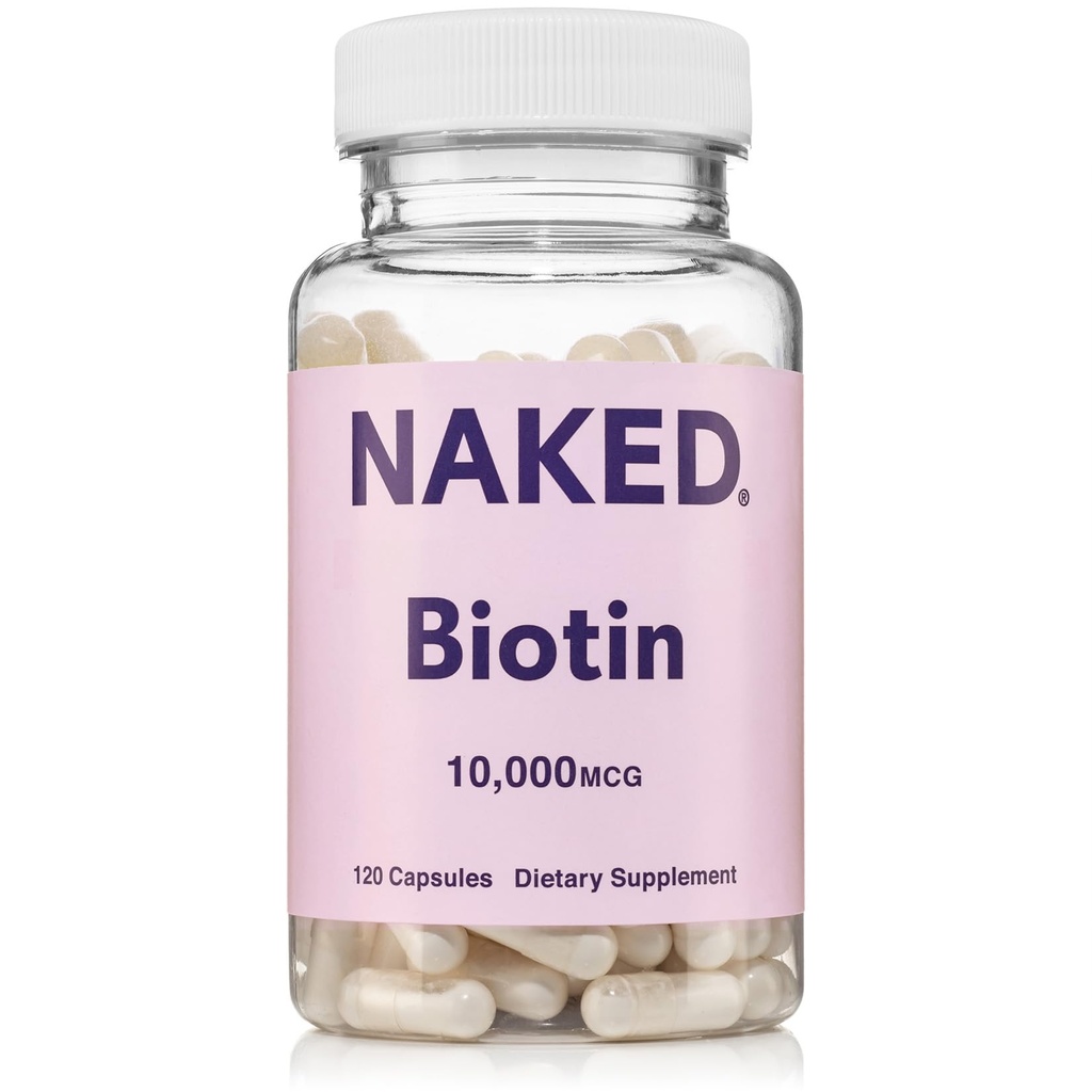 NAKED Biotin 10000mcg - Max Putere Vitamina B7 Supliment pentru par sanatos, Skin & Nails Support - Non-GMO, Gluten-Free, Vegan - Sustine productia de keratina - 120 capsule