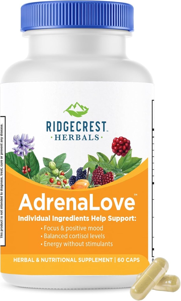 Ridgecrest Herbals AdrenaLove, Stress and Energy Supplement with Ashwagandha, L-Theanine, Ginseng, Schisandra, Taurina, Holy Basil, Adaptogens, B Vitamins (60 Vegan Caps, 30 Serv)