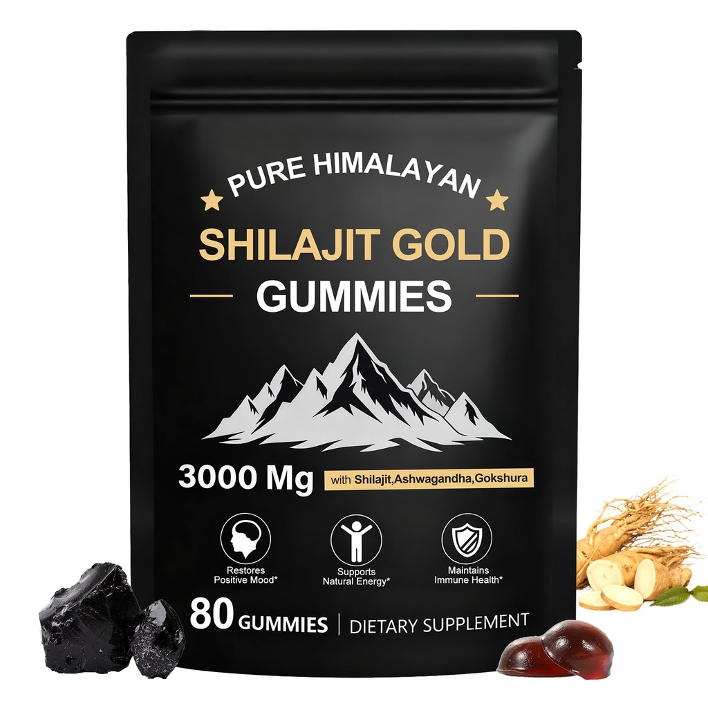 Gumiile Shilajit, Gumiile Pure Himalayan Shilajit Gummies Gold, Nu Zahăr adăugat non-GMO 100% Natural & Organic, Ashwagandha, Gokshura