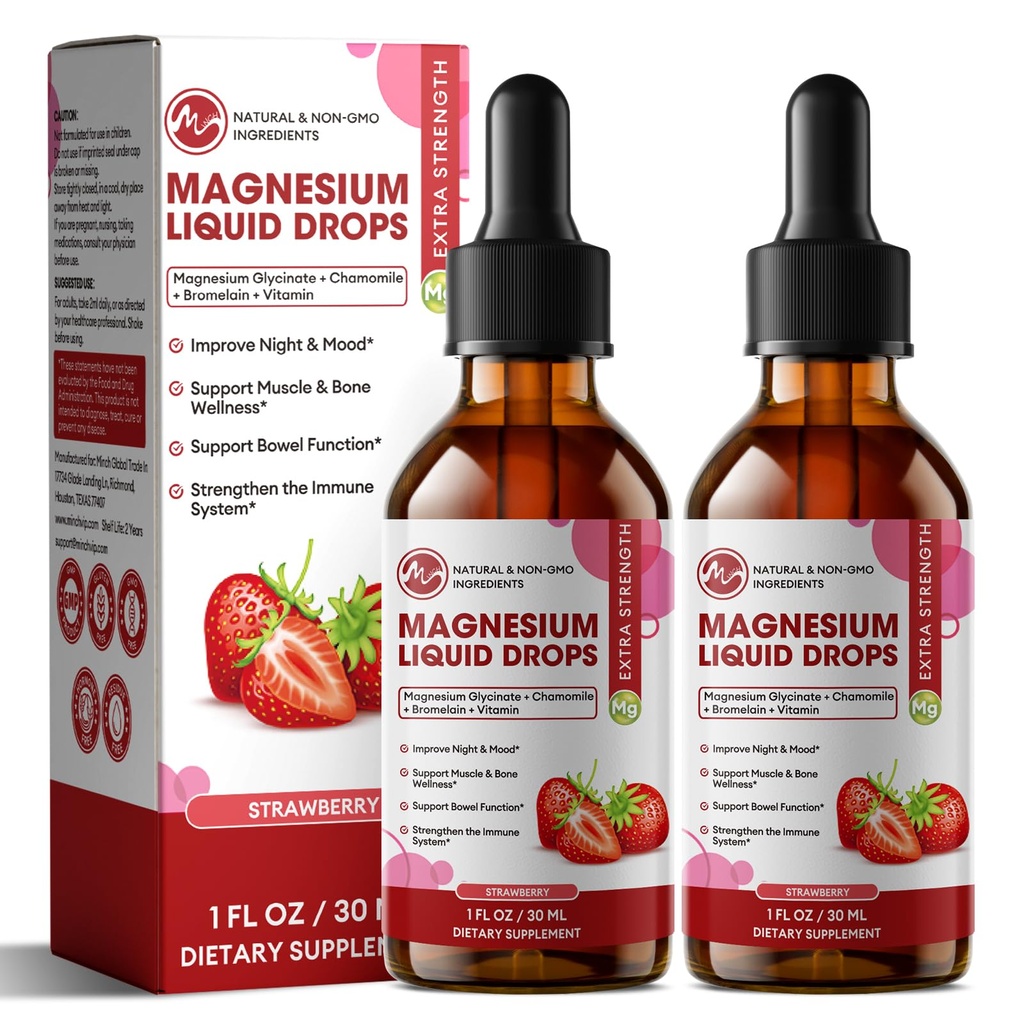 M inch Magneziu Glicinat lichid, înaltă absorbţie Picături lichide de magneziu cu celuloză Fibră, Bromelain, vitamina B6, C, D, Zinc, Supliment de magneziu pentru copii şi adulţi, aromă de căpşuni, 2 ambalaj