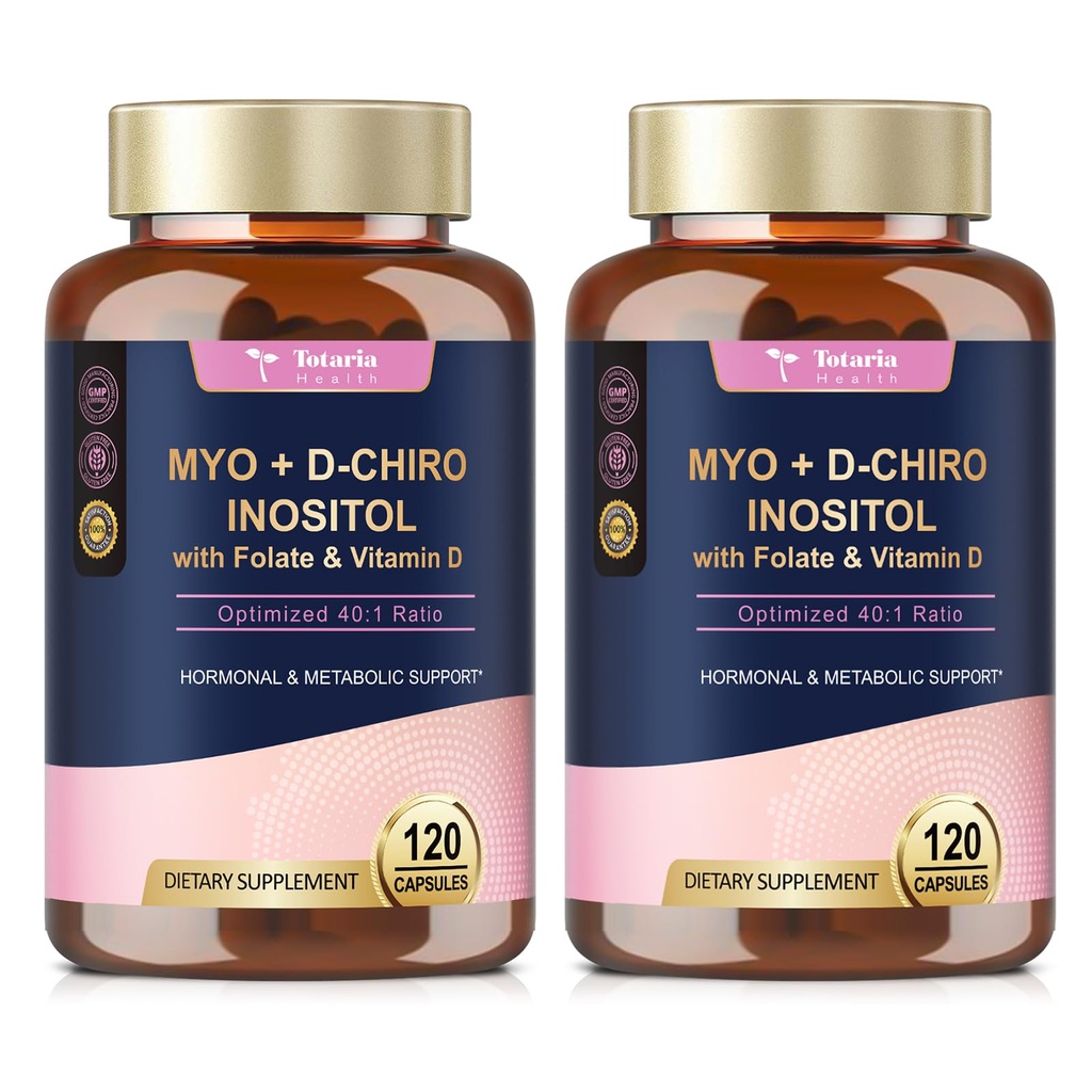 Totaria Inositol Supliment pentru femei cu vitamina D3, Folat, 40:1 Ratio Myo-Inositol & D-Chiro Inositol Complex, (Vitamin B8) Capsule inozitol, ambalaj de 2