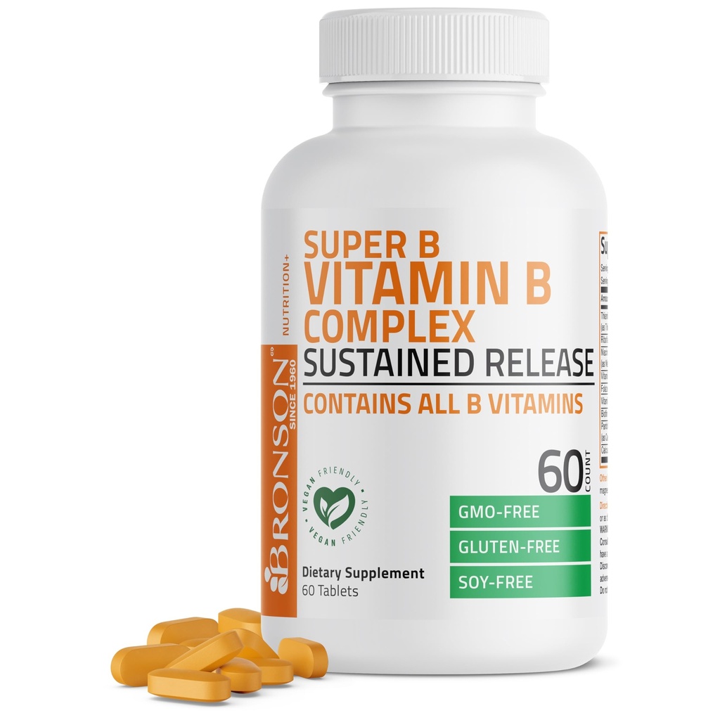 Bronson Super B Vitamina B Complex susţinut de eliberare lentă (Vitamina B1, B2, B3, B6, B9 - Acid folic, B12) Conţine toate vitaminele B 60 comprimate