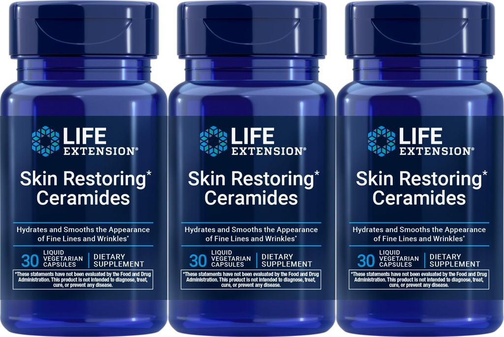 Life Extensie Skin Restaurarea Ceramidelor, 30 Capsule Vegetare lichide (Pachet de 3)