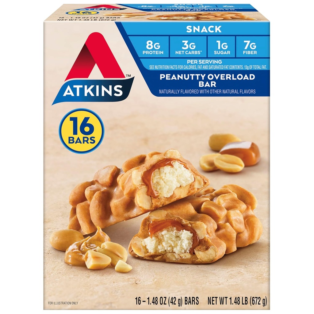 Atkins Snack Bar, Peanutty Overload, 8g Proteine, 7g Fiber, 3g Net Carbs, Keto Friendly, 16 Conte