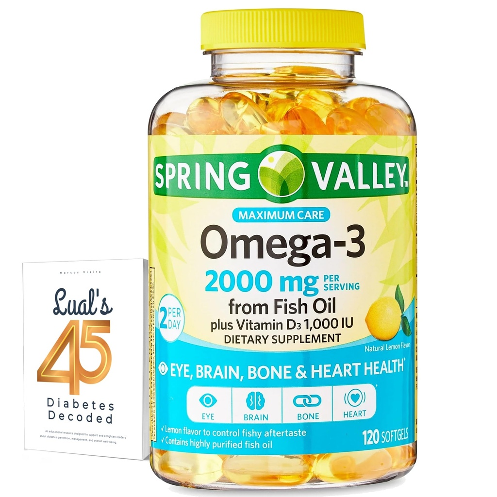 Spring Valley Omega-3 de ulei de pește 2000 mg pentru ochi creier de oase și inimă de sănătate Supliment alimentar Softgels, 120 Conte, Bundle cu 45 Diabet zaharat Decodat