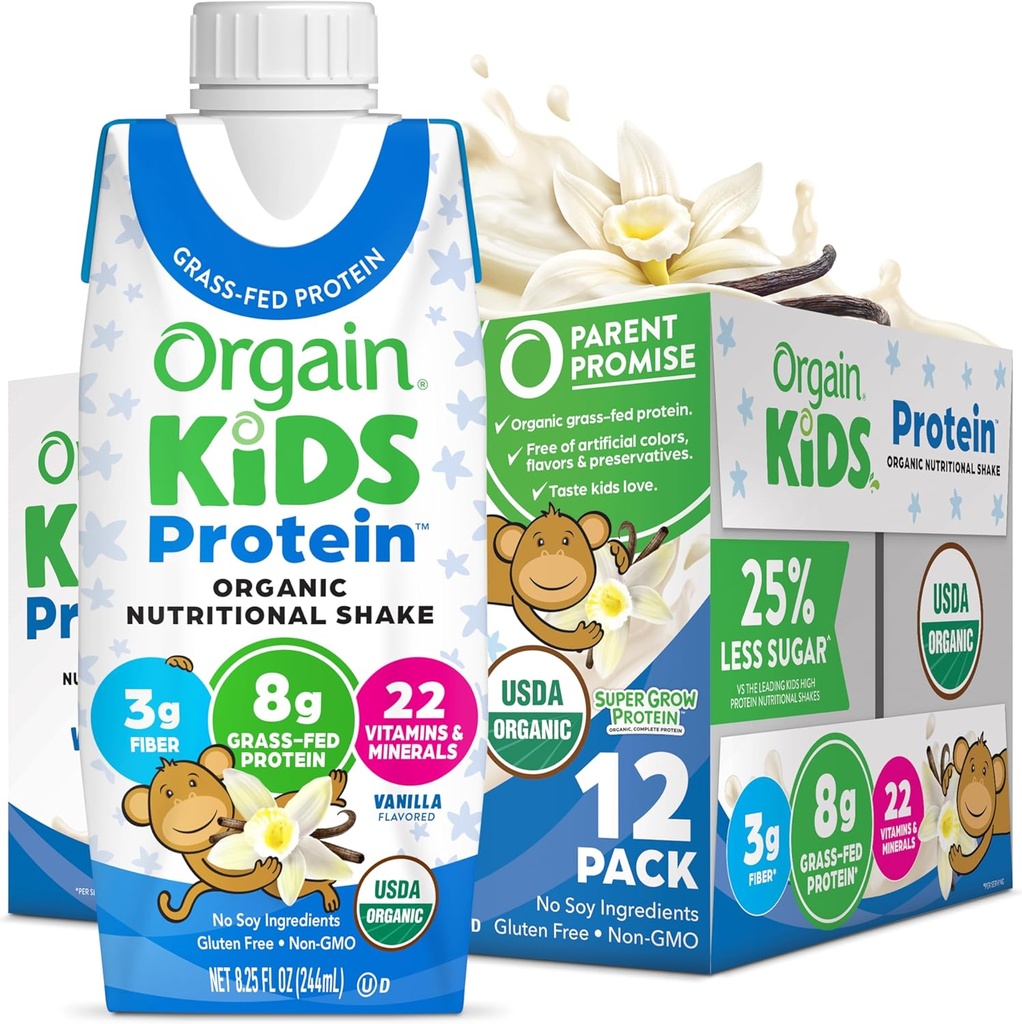 Orgain Organic Kids Proteina nutritionala Shake, Vanilie, Sanatos Copii Snacks, 8g Proteina lactate, 3g Fibră, 22 Vitamine & Minerale, Nu Ingrediente soia, Gluten gratuit, Non-GMO, 8.25 Fl Oz (Pachet de 12)