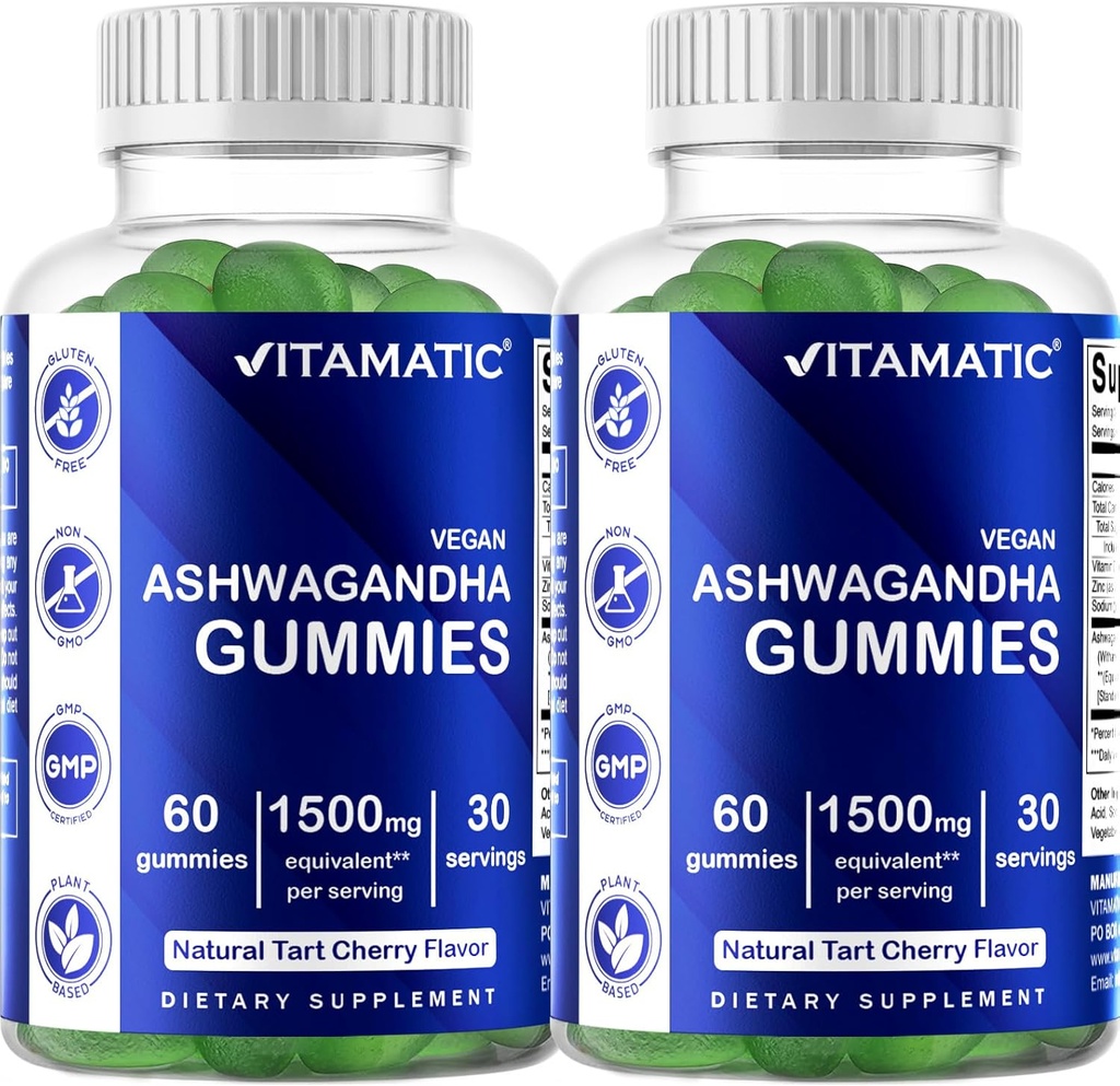 Vitamatic 2 Pack Ashwagandha Gummies 1500 mg echivalent Per Serving (de la 30:1 Extract 50 mg) - 60 Vegan Gumries - 3% Witanolide