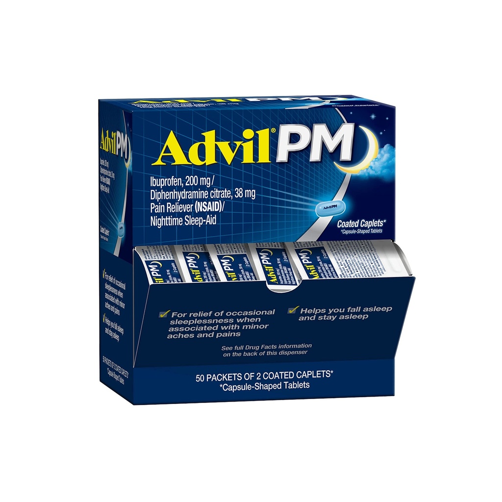 Advil PM Pain Relieiver și somn pe timp de noapte Ajutor, Pain Medicine cu Ibuprofen pentru ameliorarea durerii și difenhidramină Citrate pentru un ajutor de somn - 50x2 Caplete acoperite