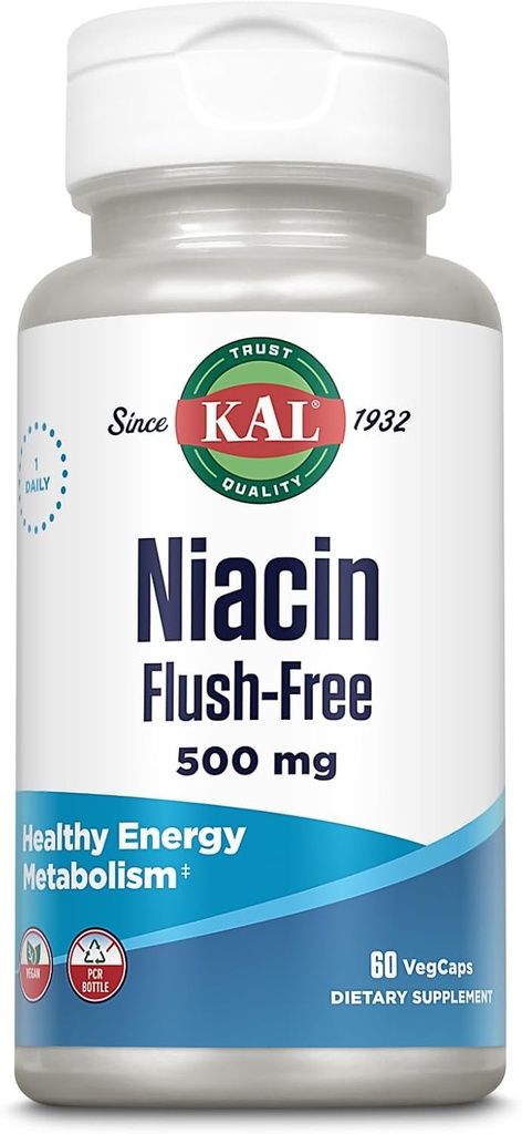 KAL Niacin 500 mg Flush Free - Suplimentul de vitamina B3 - Metabolizare și suport energetic - Skin, Nervi, Digestive Health and Circulation Support - Vitamina Vegană, 60-Day Guarantee, 60 Servings, 60 VegCaps