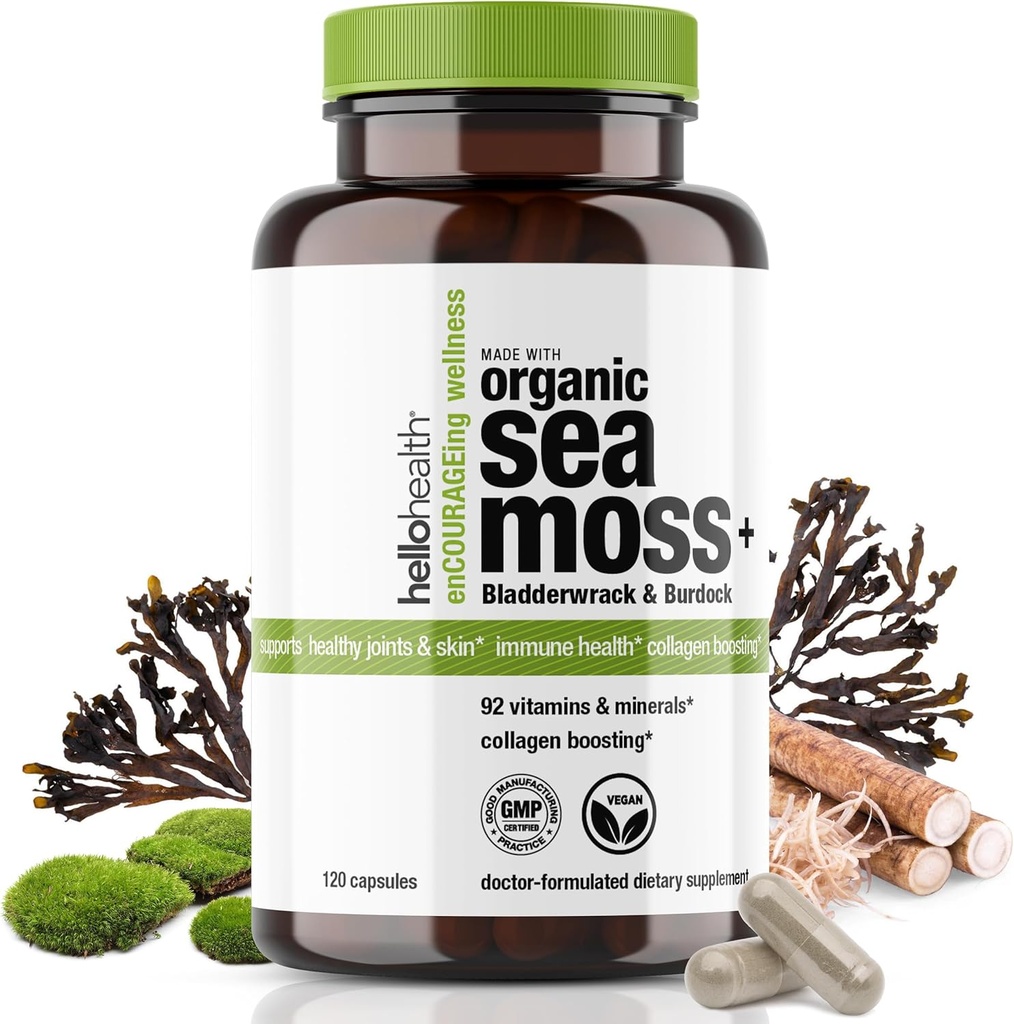 Organic Irish Sea Moss Capsule: Wildcrafted Sea Moss, Brodock Root & Bladderwrack Super Food Prebiotic pentru suport imunitar, Suport tiroidian, Natural Energy, -120 Caps