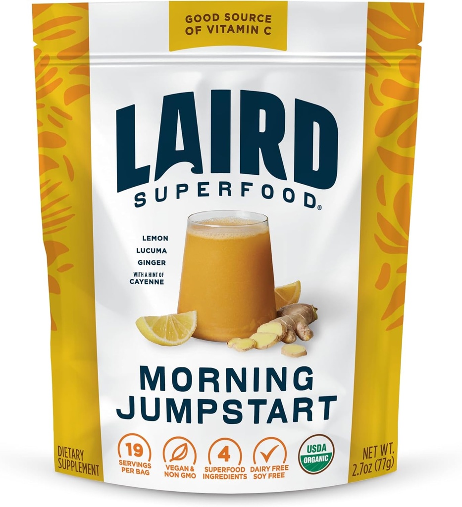 Laird Superfood Morning Jumpstart Powder Drink Supplement, Lemon, Lucuma, Ginger și Cayenne Cleanse, Organic, 2.7 Oz Bag, Pachet de 1