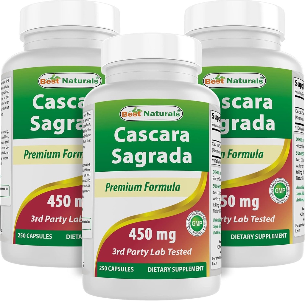 Cele mai bune Naturale Cascara Sagrada 450 mg 250 capsule (250 Conte (Pachet de 3)
