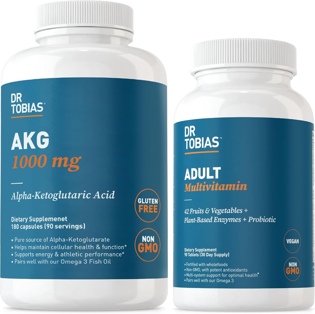 Dr. Tobias AKG Supliment & Multivitamine adulte - Energie celulară completă și suport nutritiv pentru wellness și vitalitate generală, Vegan, non-GMO