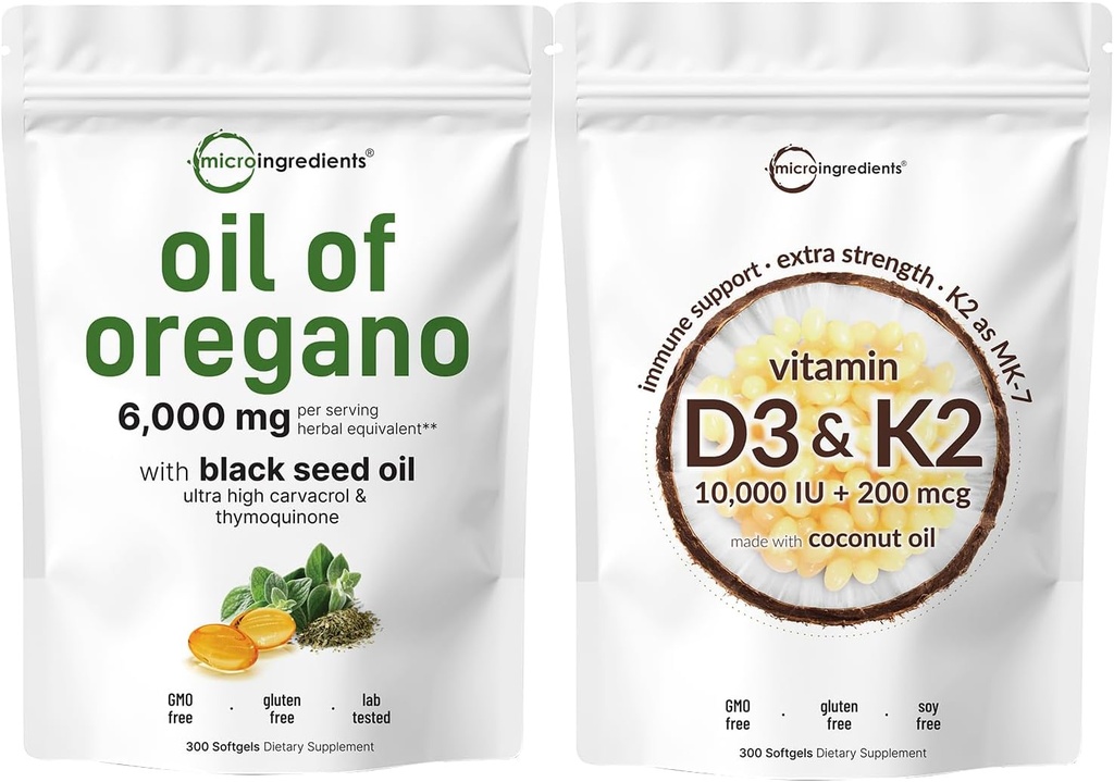 Micro Ingrediente Ulei de Oregano Softgels 6000 mg Per Servire & Vitamina D3 10.000iu + K2 200mcg Ulei de cocos Softgels Bundle 2 Pack 
