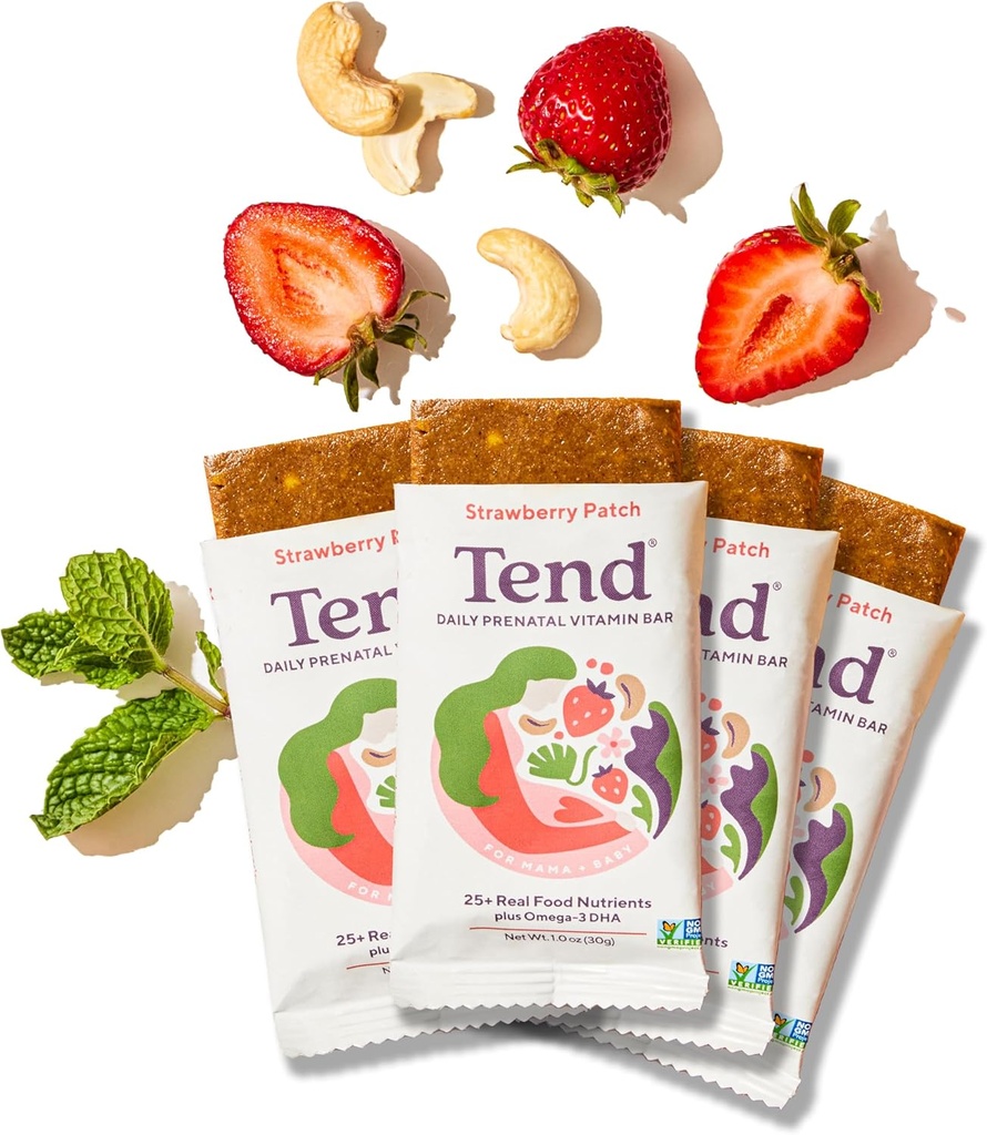 Tend Daily Best Prenatal Vitamina Bar, Made with Organic Ingredients for Gravide & Postpartum Mothers, Includes DHA, Vitamina D, B, Choline, Folate - Strawberry Patch (4ct)