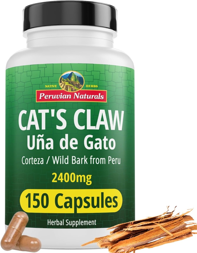 Peruvian Naturals Cat's Claw Herbal Supplement 150 Capsule - Uña de Gato 2400mg de Vegan, 100% Natural Cats Claw Bark crescut în Peru, Non-GMO, Uncaria Totosa UNA de Gato