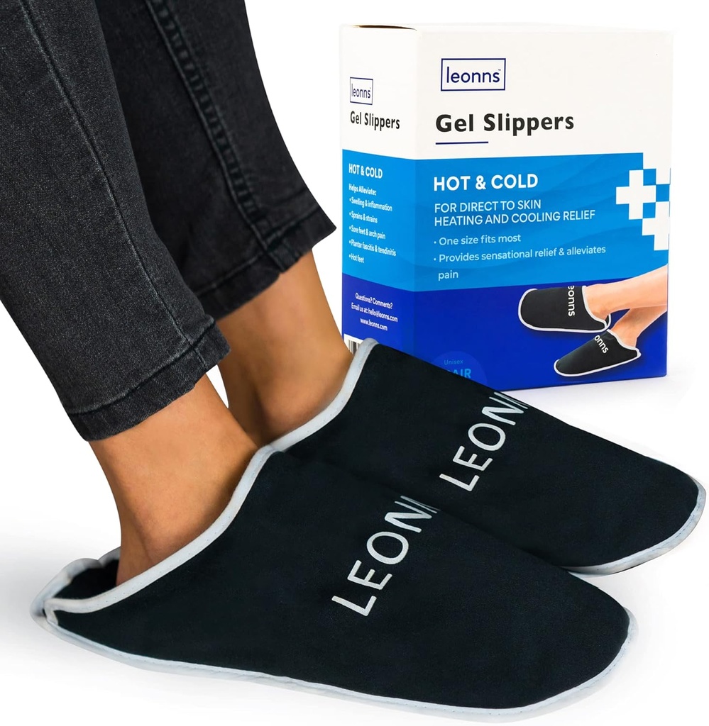 Gel Ice Pack Slippers - Oferă terapie fierbinte și rece pentru durere picior, Neuropatie Durere de relief pentru picioare, Gut Relief, Umflare picioare, Fascitis plantar și Heel Spurs- o dimensiune se potrivește cel mai mult (negru)