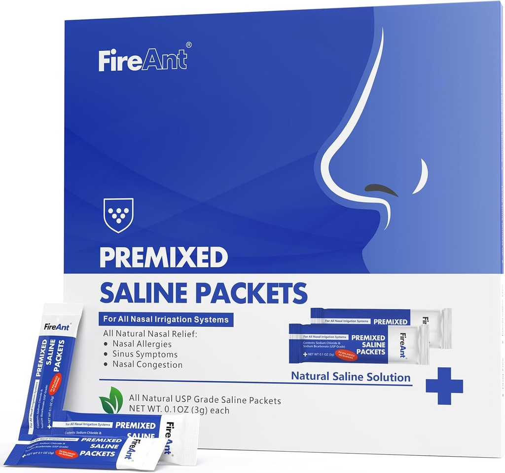 Pachete Saline Fire Ant pentru clătire sinusală, 100 Pachet de sare premixat Neti Pot pentru clătire nazală, Pachete de clătire sinus pentru sistem de irigare nazal, PH echilibrat - Albastru slate