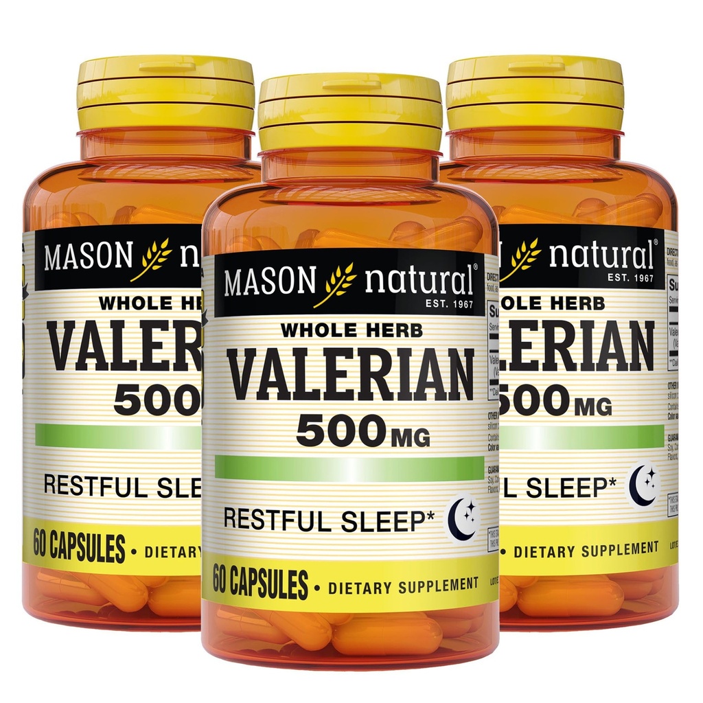 MASON NATURAL Root Valerian 500 mg, 6 luni de aprovizionare, natural de dormit de ajutor, promovează somn sănătos și odihnitor, supliment vegetal, 3 ambalaj