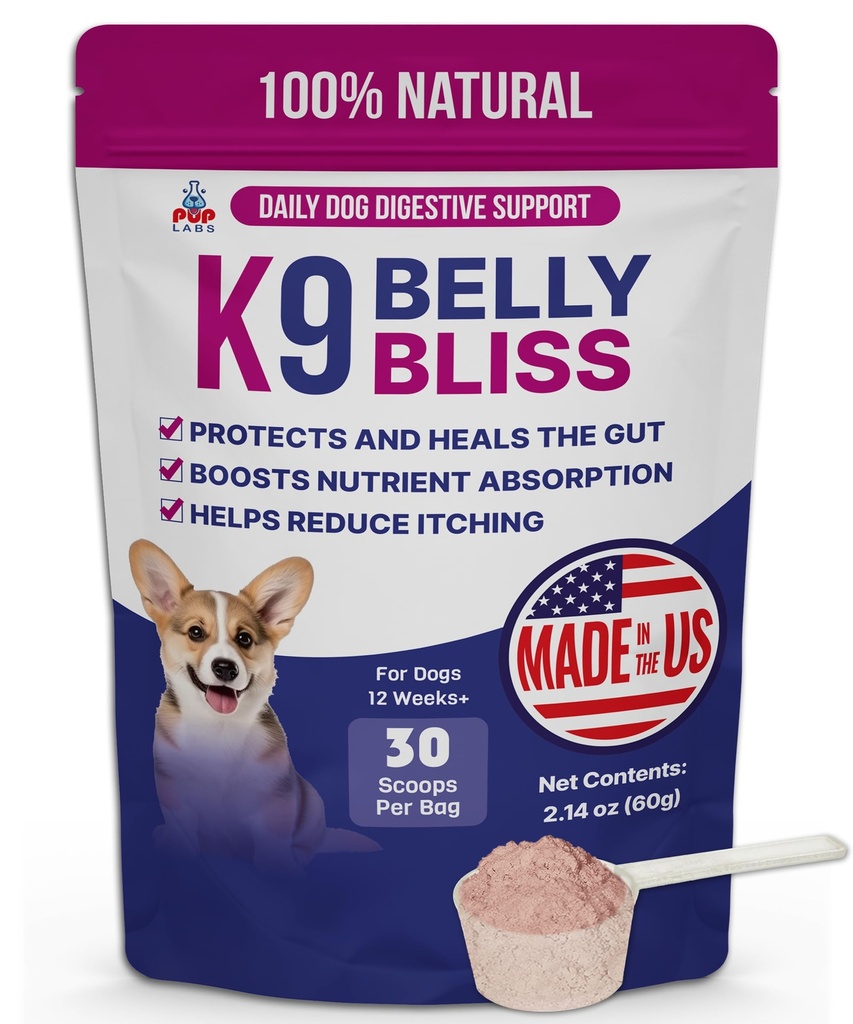 K9 Belly Bliss, All-Natural Gut Health for Dogs, Vet aprobat prebiotic pentru câini pentru Daily Digestive Support and Dog Constipation Relief, Ușor de utilizat Topper pentru alimente uscate și umede, 30 Scoops.