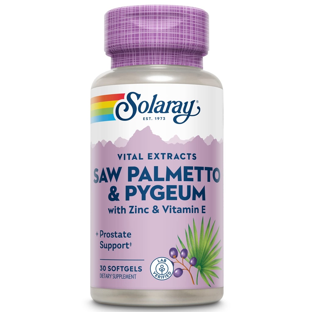SOLARAY Saw Palmetto și Pygeum - Saw Palmetto pentru bărbați w/Pygeum Bark, Zinc, Vitamina E, Ulei de semințe de dovleac - Suplimente prostate pentru bărbați w/Beta Sitosterol - 60-Day Guarantee - 30 Serviri, 30 Softgels