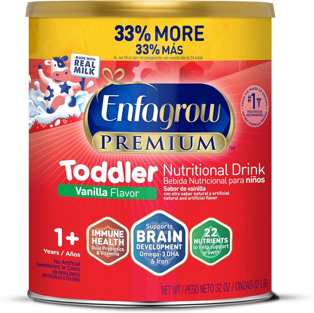 Enfagrow Premium Toddler Nutritional Drink, Natural Vanilla Flavor, Omega-3 DHA pentru Brain Support, Prebiotics & Vitamine pentru Immune Health, Non-GMO, Powder Can, 32 Oz (Pachet de 1